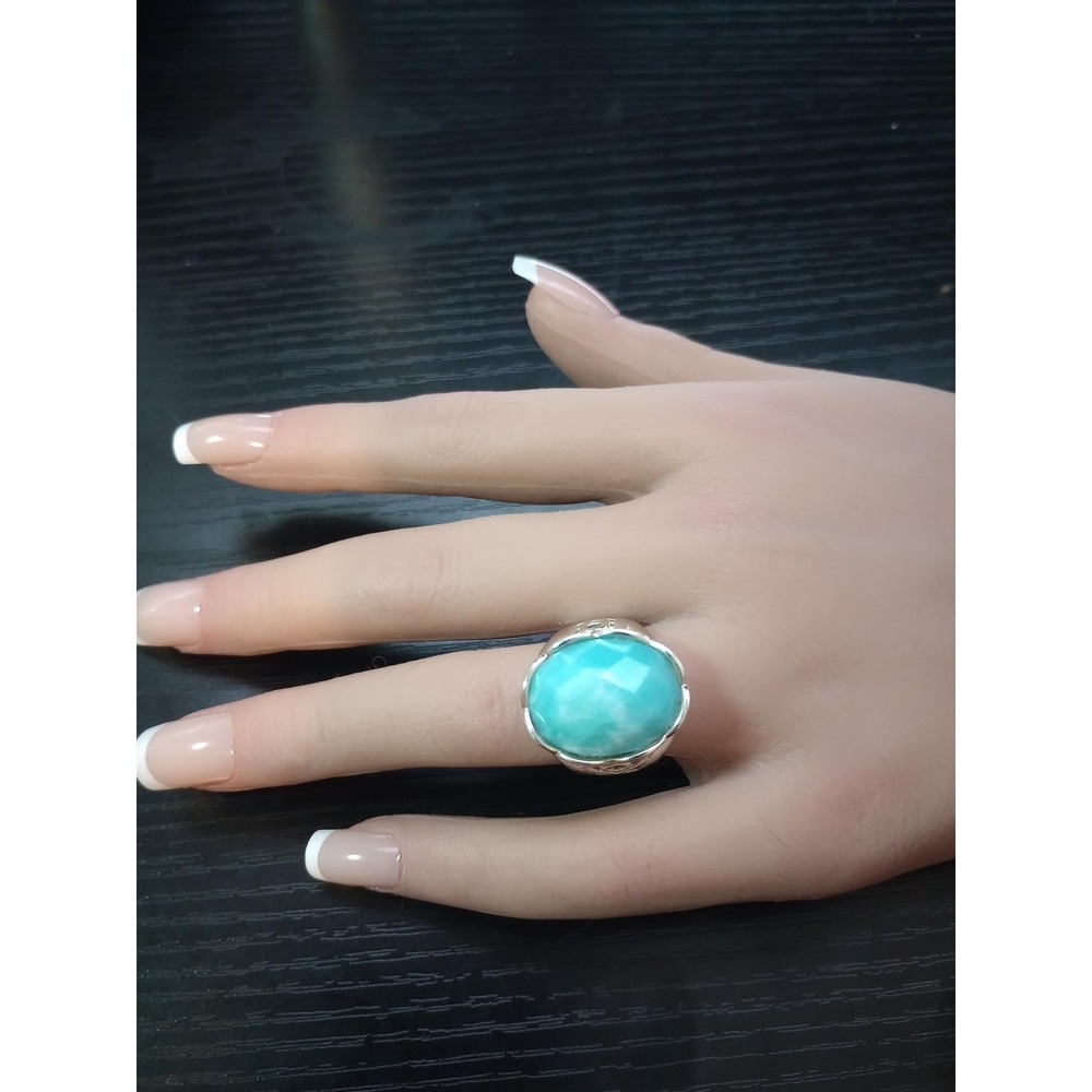 Turquoise Blue Faceted Cabochon Statement Ring Silver Tone Openwork Size 7 China